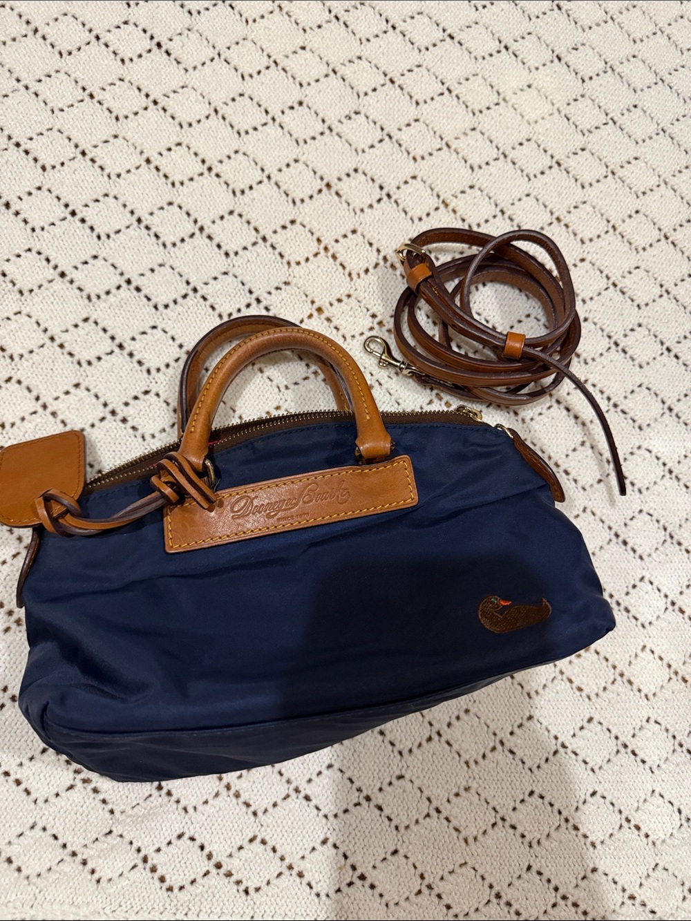 Dooney & Bourke Navy Nylon Crossbody Satchel with Brown Leather Trim